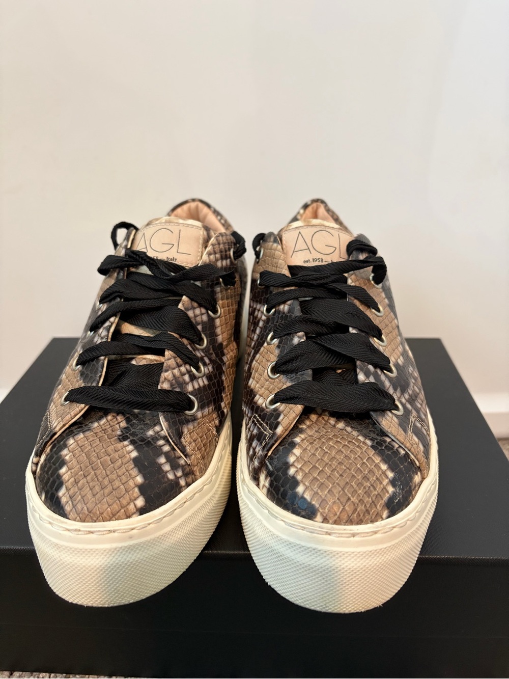 AGL Women's Snake-Print Platform Sneakers in Beige and Black